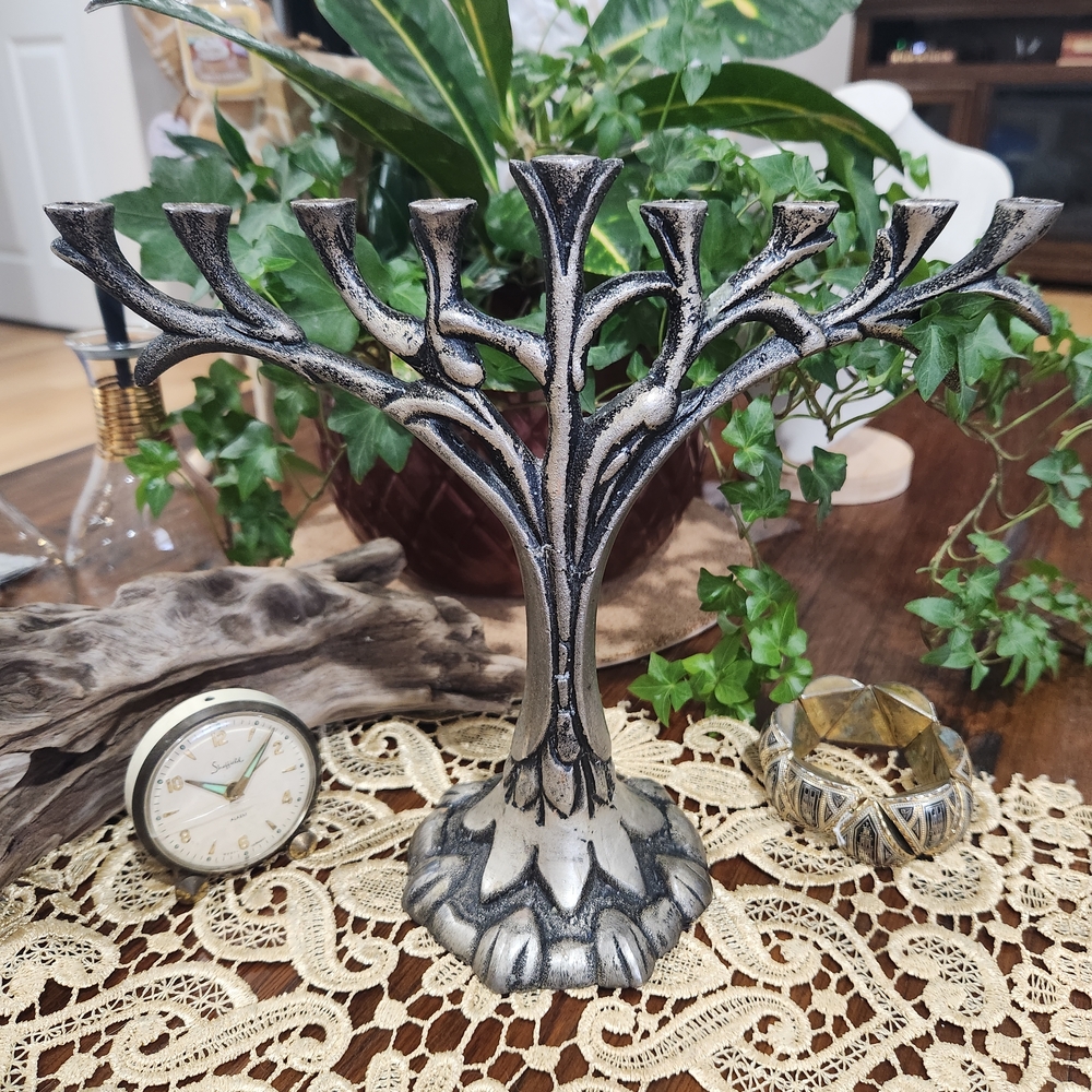 David Klass Signed Vintage 1998 Tree of Life Hanukkah Menorah Silver Chanukah
